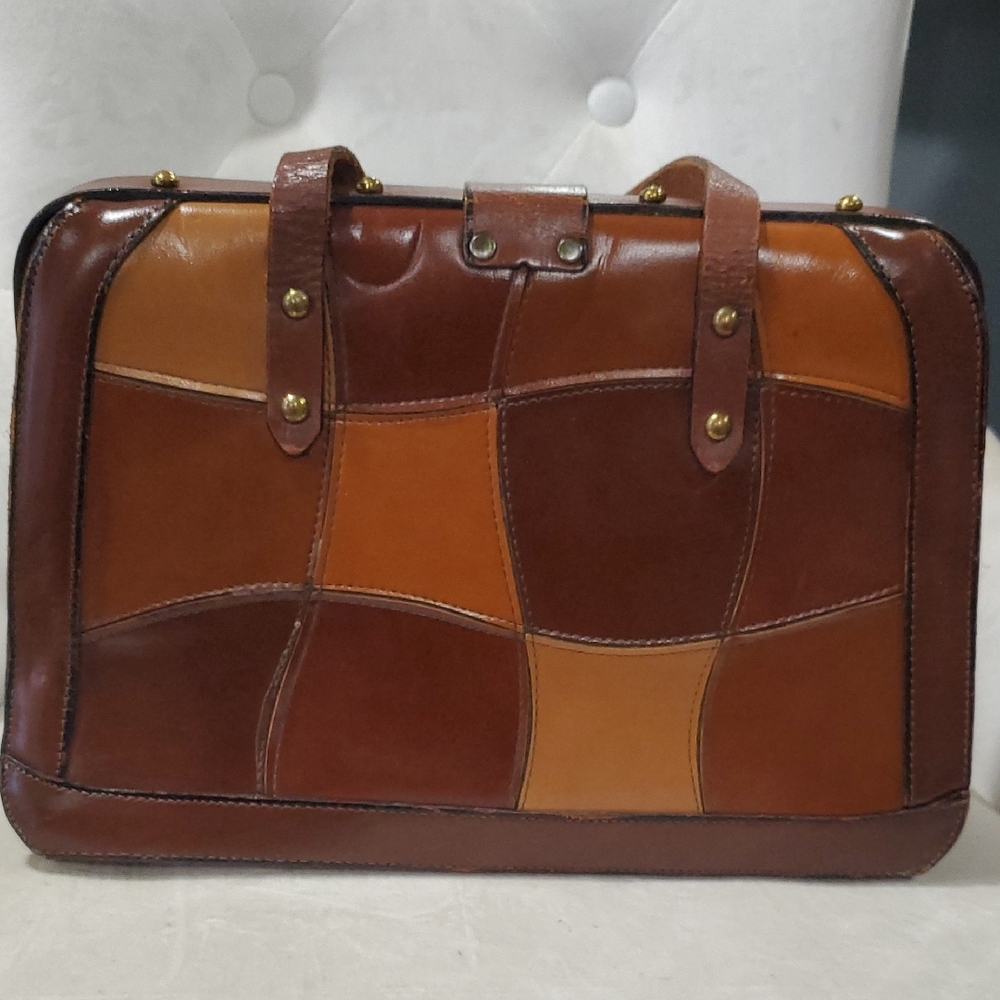 Vtg Burlington Elegant Leather Patchwork Satchel … - image 5